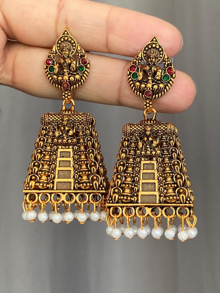 Antique Gold Temple Jhumka Earrings, South Indian Gopuram Jewelry