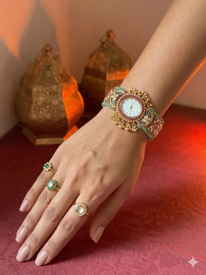 Kashmiri Ethnic Gold Plated Designer Jewelry Watch with Stone & Bead Work