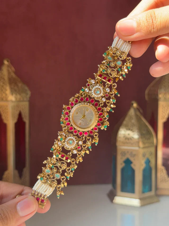 Kashmiri Gold-Plated Temple Jewelry Watch with Ruby & Emerald Stones
