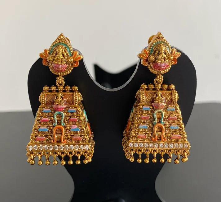 Matte finish pink-orange meenakari Gopuram Jhumkka Z-001