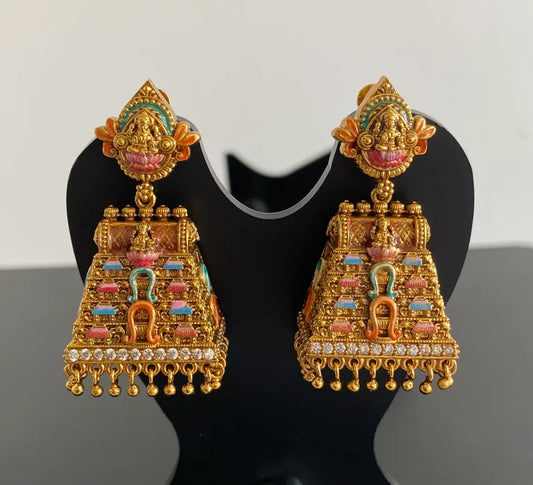 Matte finish pink-orange meenakari Gopuram Jhumkka Z-001