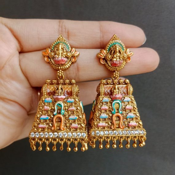Matte finish pink-orange meenakari Gopuram Jhumkka Z-001