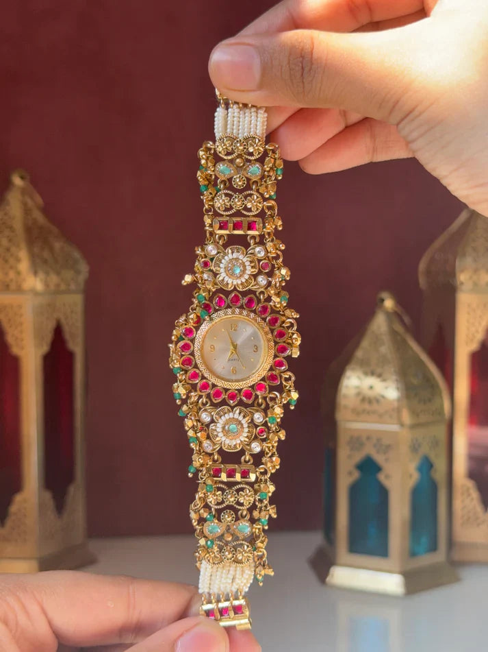 Kashmiri Gold-Plated Temple Jewelry Watch with Ruby & Emerald Stones