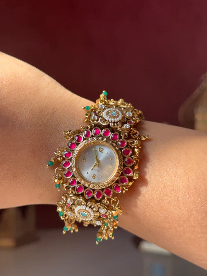 Kashmiri Gold-Plated Temple Jewelry Watch with Ruby & Emerald Stones