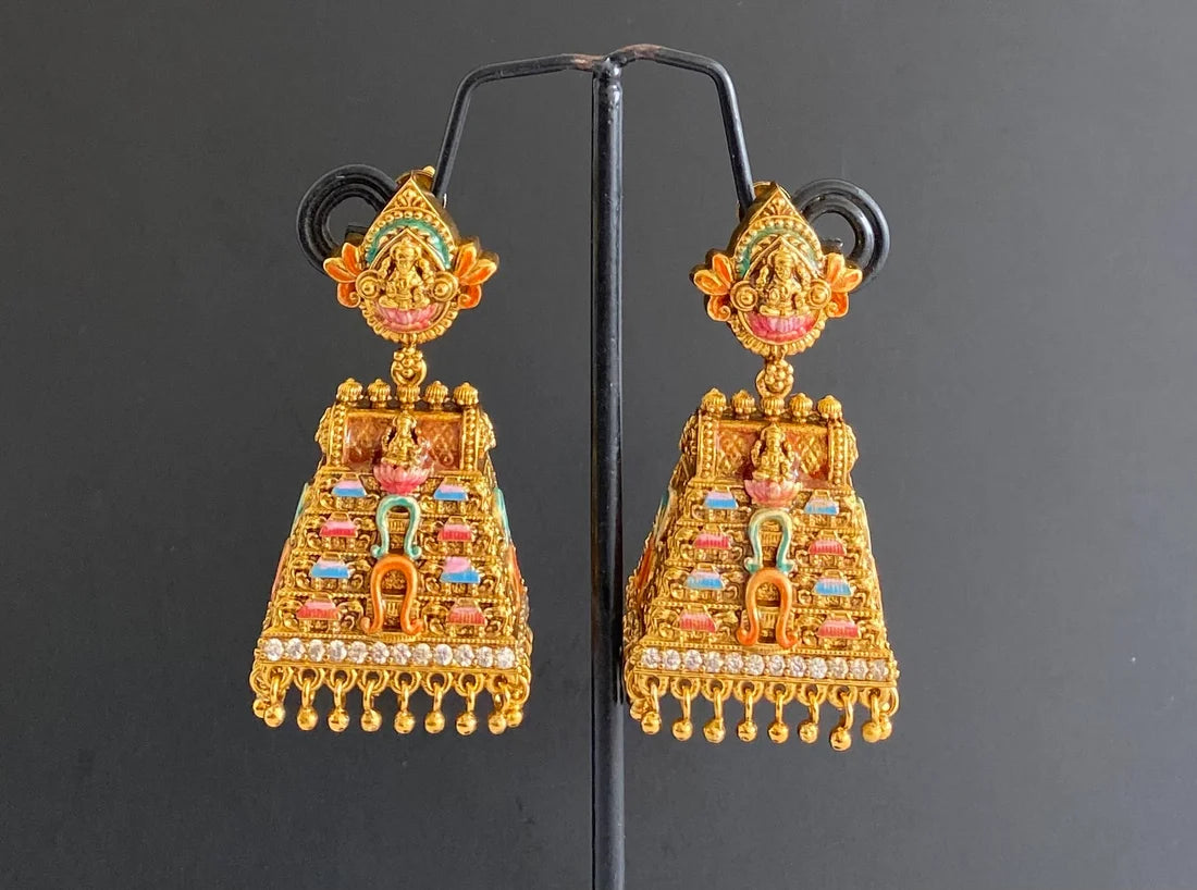 Matte finish pink-orange meenakari Gopuram Jhumkka Z-001