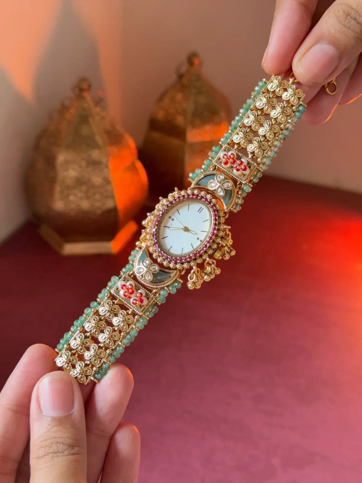 Kashmiri Ethnic Gold Plated Designer Jewelry Watch with Stone & Bead Work