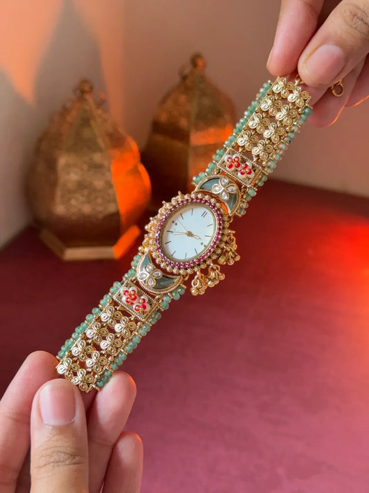 Kashmiri Ethnic Gold Plated Designer Jewelry Watch with Stone & Bead Work